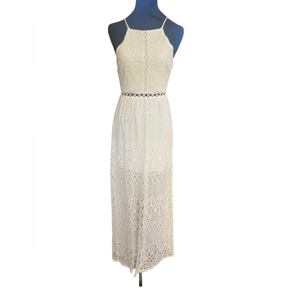 Hollister Ivory Crochet Lace Strappy Halter Maxi Dress Long Slit SZ XS